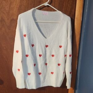 Pink Lily White V-Neck Sweater with Red Hearts